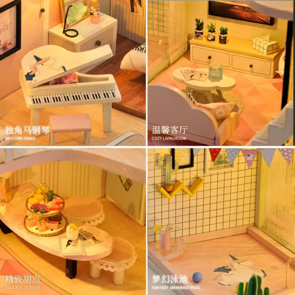 Miniature Dollhouse Kits - DIY Kawaii Wooden Model with Unicorn Piano & Pool for Kids - Image 5