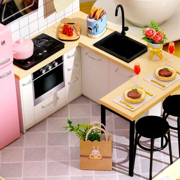 1/24 Miniature Dollhouse Kits DIY Kitchen Furniture with LED Light - Kid Gift