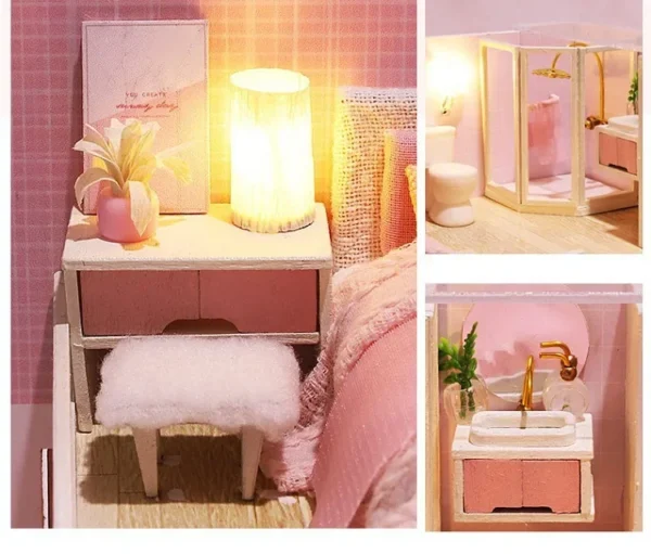 Miniature Dollhouse Kits - Pink Princess Room Villa with LED Light and Furniture - Image 6