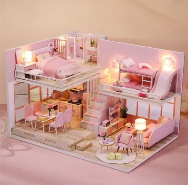 Miniature Dollhouse Kits - Pink Princess Room Villa with LED Light and Furniture - Image 3