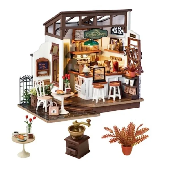 Miniature Dollhouse Kits Wooden Coffee House With LED & Accessories