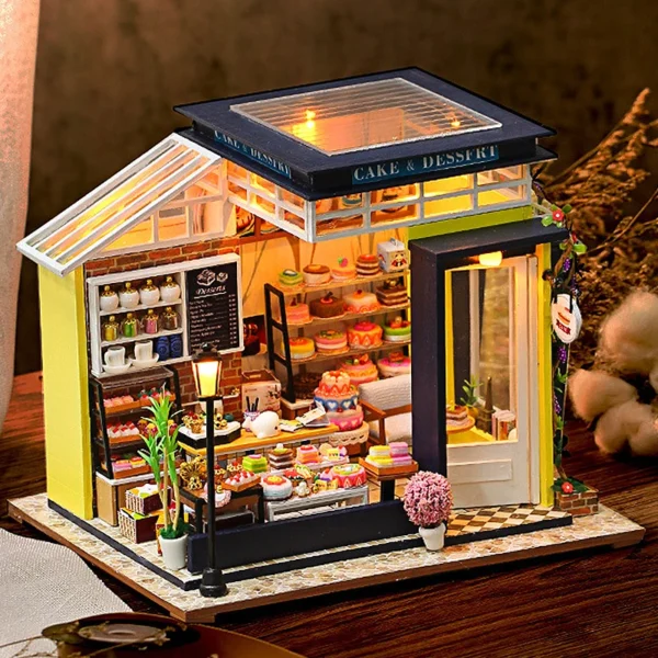 Miniature Dollhouse Kits Cake Shop DIY 3D Puzzle With LED