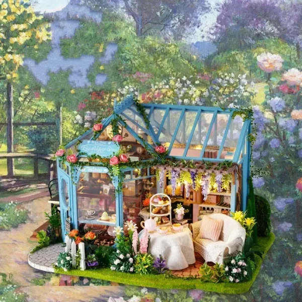 Miniature Dollhouse Kits LED Rose Garden Tea House Furniture DIY