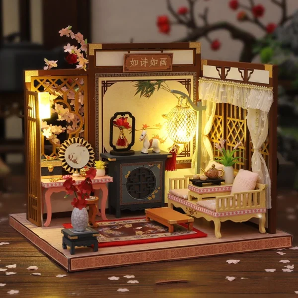 Miniature Dollhouse Kits - DIY Wooden Cherry Blossom Villa with Furniture for Adults - Image 2