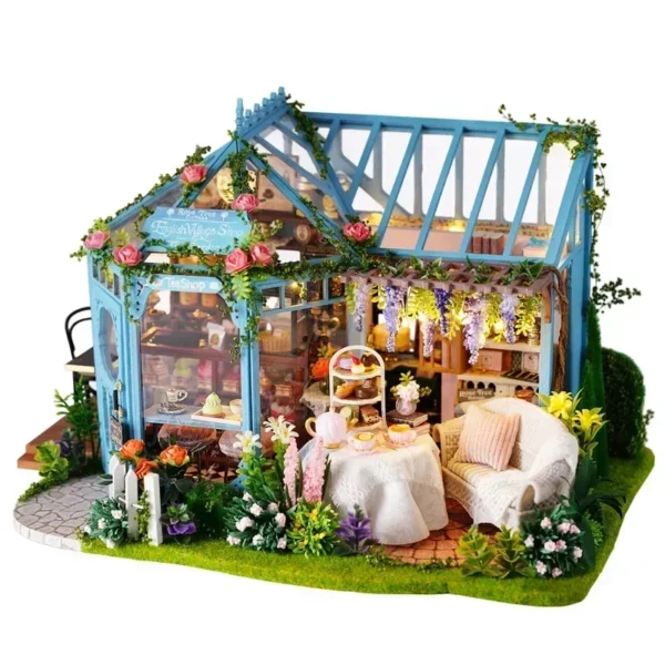 Miniature Dollhouse Kits LED Rose Garden Tea House Furniture DIY - Image 5